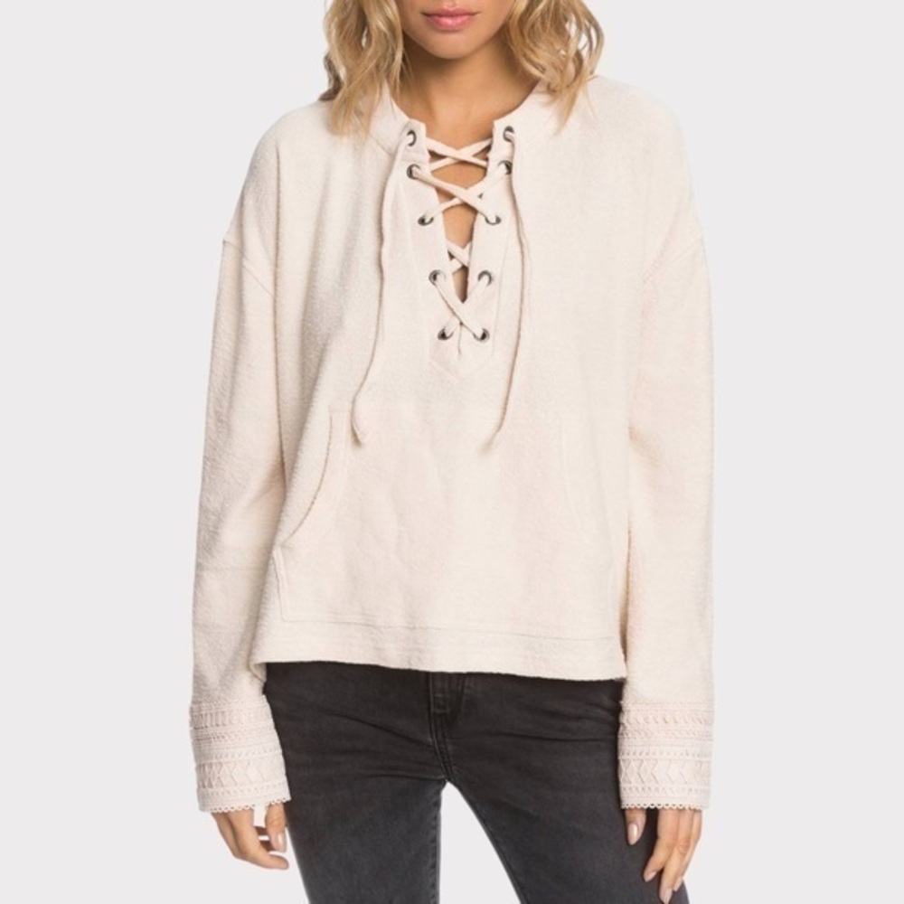 Roxy Get Comfy Light Pink Lace Up Front Crochet Cuff Pullover Sweater Size Small